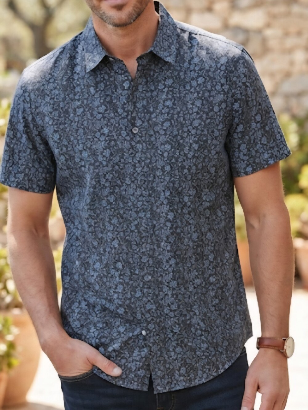 Kennington California Men's Blue Floral Button Down Shirt Short Sleeve Size L